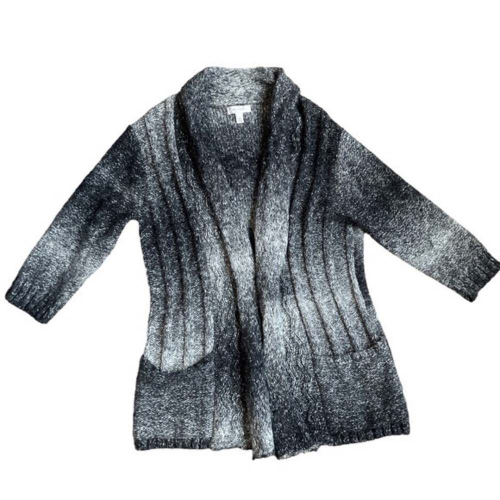 Dress Barn size XL cardigan,shades gray,long, draping colar,ribbed sleeve edge